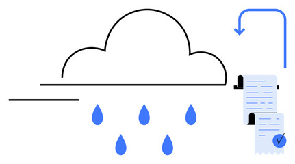 Large cloud with raindrops and a document with a checkmark in the corner. Ideal for cloud storage data security file management digital documentation and secure online transactions Modern minimalist