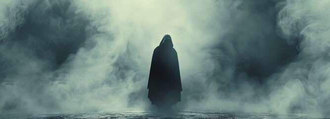 A dark black creature in fog. Halloween theme costume.