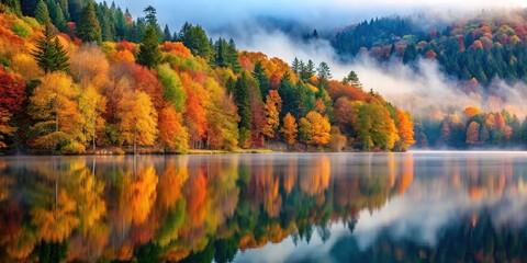 Fototapeta premium Autumn forest on misty shore