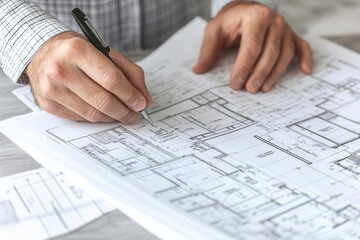 Engineers holding building specifications and adjusting details on floor plans, close-up of hands and documents