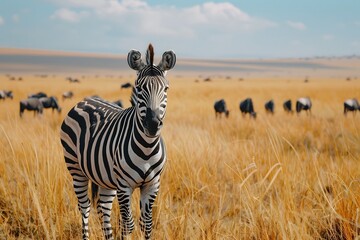 Obraz premium A lone zebra stands in a field of tall grass with a herd of wildebeest in the background.
