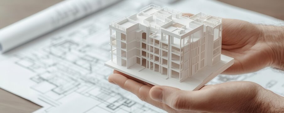 Hands holding an architectural 3D model in front of construction plans, close-up view, no visible faces