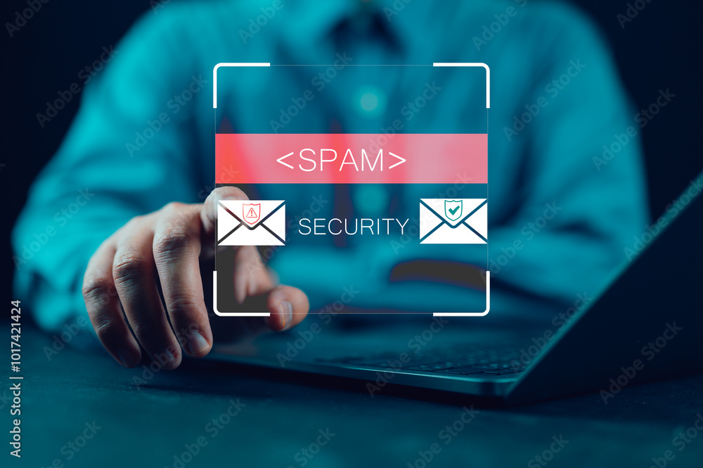 Aufkleber email concept with laptop spam and virus computer monitor internet security concept, businessman rea