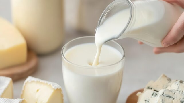Hand pouring liquid rennet into milk for coagulation, adding rennet, beginning cheese process