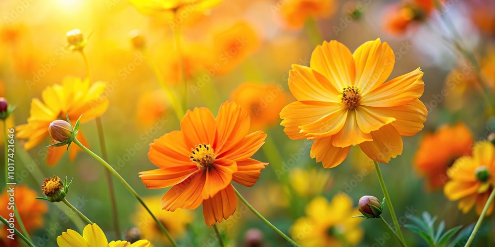 Wall mural asymmetrical yellow flowers in the garden cosmos sulphureus herbaceous yellow cosmos and orange cosm