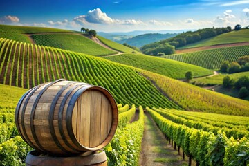 Asymmetrical vineyard on hills with barrel in foreground
