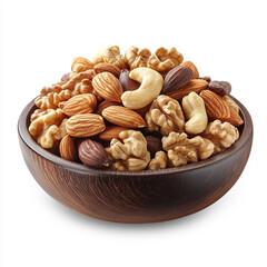 A bowl of mixed nuts, including cashews, walnuts, and almonds, on a wooden plate