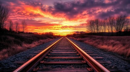 Fototapeta premium Sunset Over Railroad Tracks in Scenic Landscape
