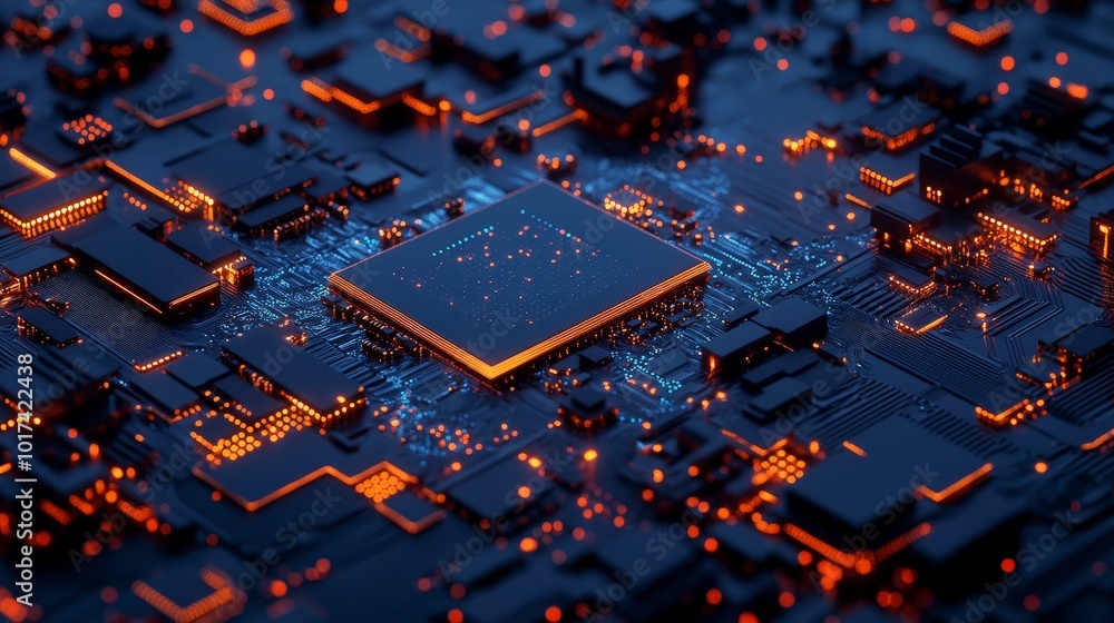 Aufkleber illuminated electronic circuit board with glowing microchip and components