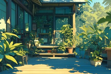 Rustic wooden deck overlooking a lush tropical garden, Cozy vibe, Generative AI