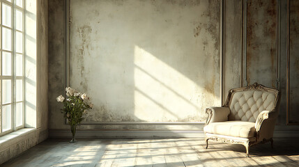 A vintage armchair sits in a sunlit room with a distressed white wall and wooden floor. The sunlight creates a warm and inviting atmosphere.