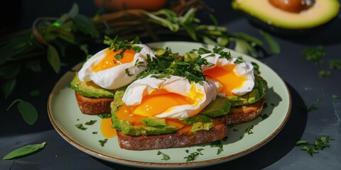 a plate of food with eggs and avocas
