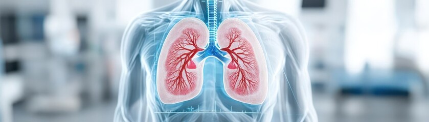 Pneumonia treatment hologram, AI-powered lung diagnostics, futuristic hospital setting