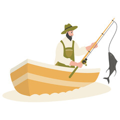 Cute Fisherman Character Illustration on White Background. Vector Clipart Design.