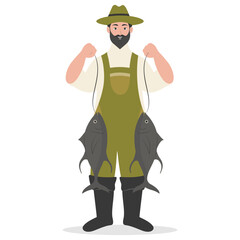 Cute Fisherman Character Illustration on White Background. Vector Clipart Design.