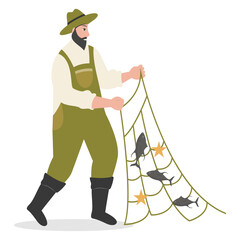 Cute Fisherman Character Illustration on White Background. Vector Clipart Design.