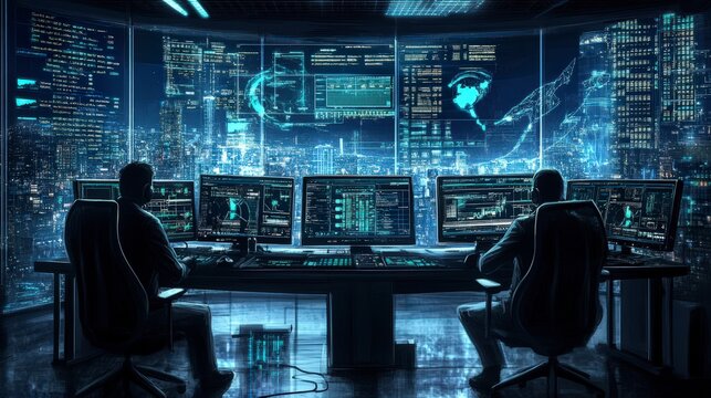 Two men working in a high-tech command center with multiple screens