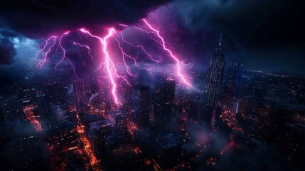 A dramatic lightning storm over a cityscape at night.