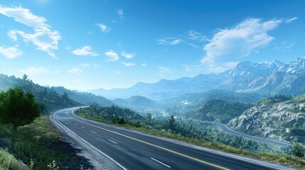 Fototapeta premium Serene Mountain Road Under Bright Blue Sky