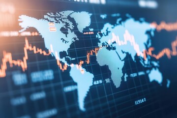 Digital world map with multiple stock market graphs displayed over different regions, global market performance, financial analysis
