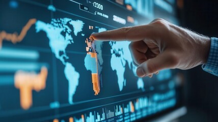 Financial advisor pointing at global stock market trends on a high-tech board, financial trends, global market analysis