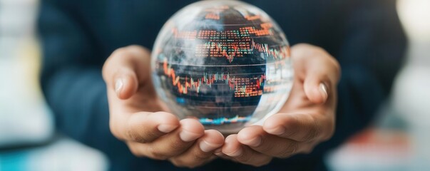 Hands holding a crystal globe with stock market data reflected in the background, global market investment, financial insights