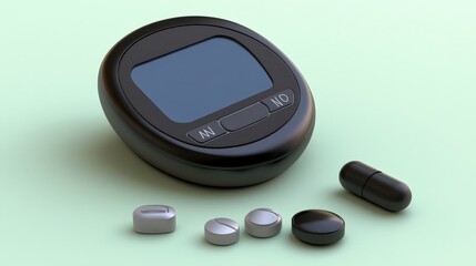 Digital device with pills on a green surface for health monitoring