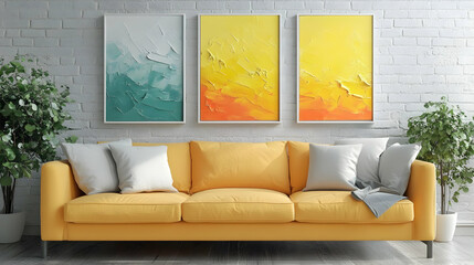 Yellow Couch Sits below Abstract Green and Orange Paintings in a White Room
