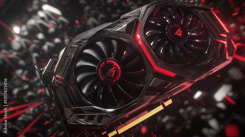 Poster advanced graphics card with dual fans in futuristic technology setting