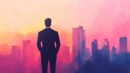 Fototapeta premium A silhouette of a businessman overlooks a vibrant sunset cityscape, symbolizing ambition and new opportunities.