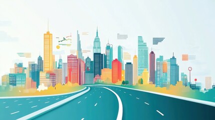 Fototapeta premium Abstract business roadmap infographic with city skyline, designed for data presentations, milestones, and strategic growth planning
