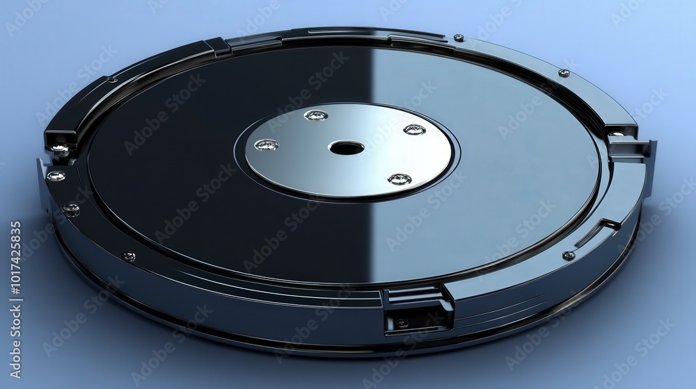 Poster close-up view of a computer hard disk platter on blue background