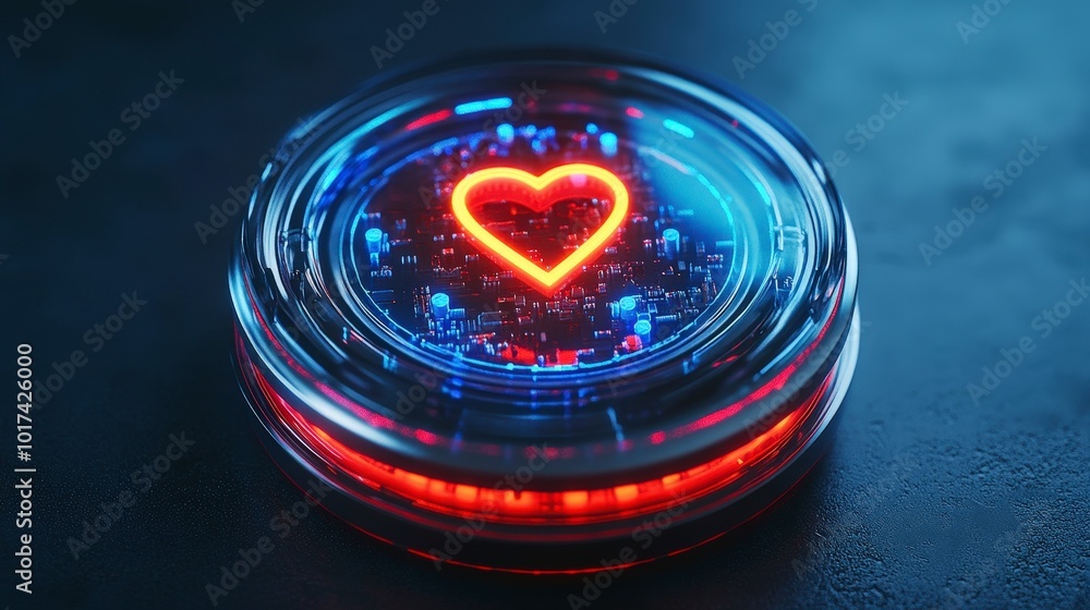 Poster neon heart embedded in futuristic glowing circle on dark surface
