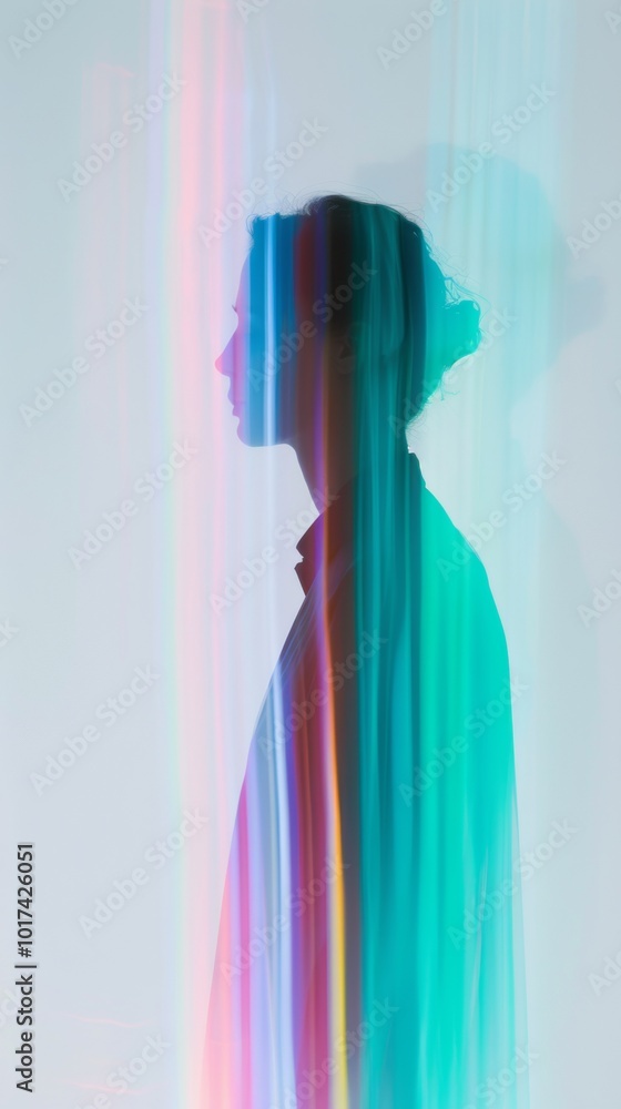 Poster futuristic ethereal figure in abstract holographic light with symmetrical blurred elements