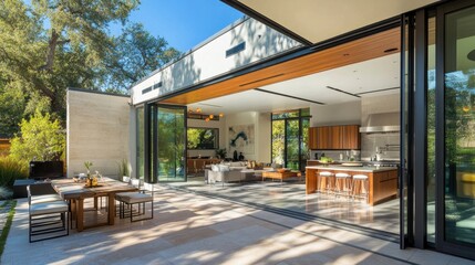 Aluminum-framed bi-fold doors open to a patio, highlighting modern architectural design and seamless outdoor transitions