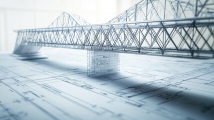 Architectural vision of a 3D model bridge project, with detailed blueprints and structural elements, showcasing modern engineering