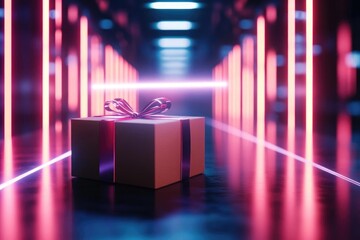 A beautifully wrapped gift box illuminated by vibrant neon lights, creating a captivating and futuristic ambiance.