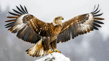 Obraz premium Large eagle is standing on a snowy rock with its wings spread wide