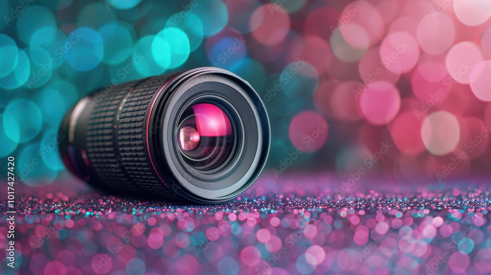 Poster a closeup view of a camera lens, adorned with soft pastel bokeh lights set against a dark backdrop, 