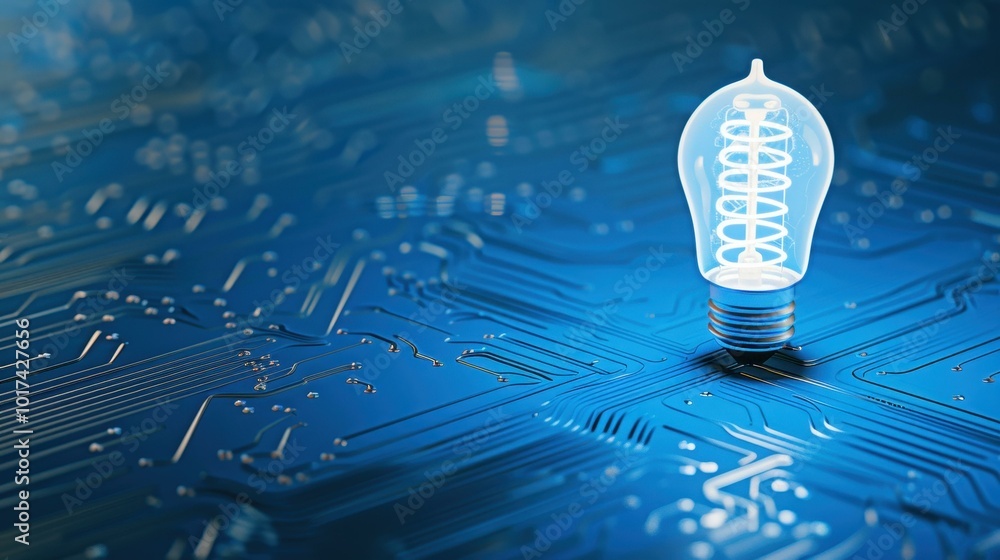 Poster a bright lightbulb shines against a colorful circuit backdrop, representing innovation and the spark