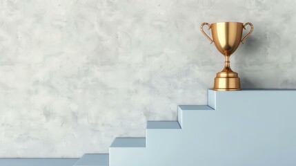 A shining trophy rests atop a blue staircase, embodying the essence of achievement against a crisp white backdrop.