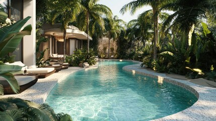 Fototapeta premium Serene Tropical Pool Surrounded by Lush Greenery