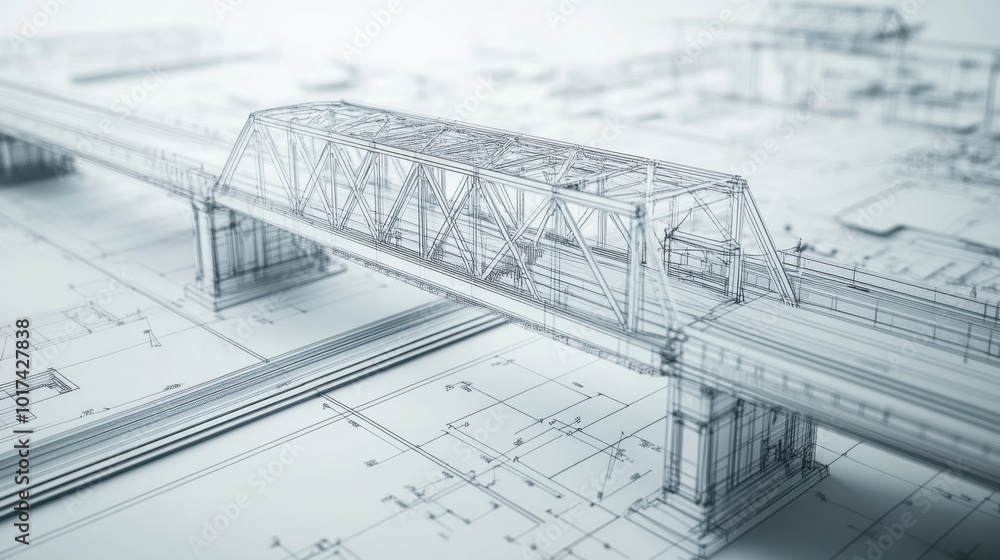 Poster bridge project in 3d model form with technical blueprint details, illustrating the architectural vis