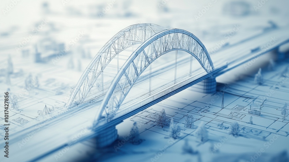 Poster bridge project in 3d model form with technical blueprint details, illustrating the architectural vis