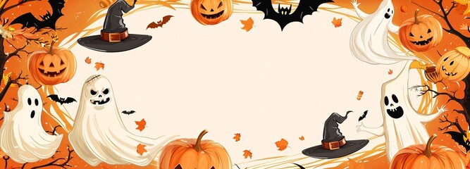 Fototapeta premium Spooky-themed cookies (jack-o'-lanterns, bats) scattered along the edges of the frame, with space in the center for a message.