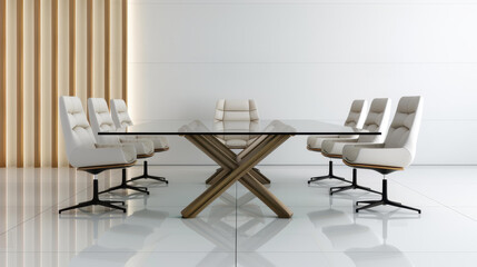 A stylish conference room featuring a glass table and designer chairs, perfect for a professional business setting.