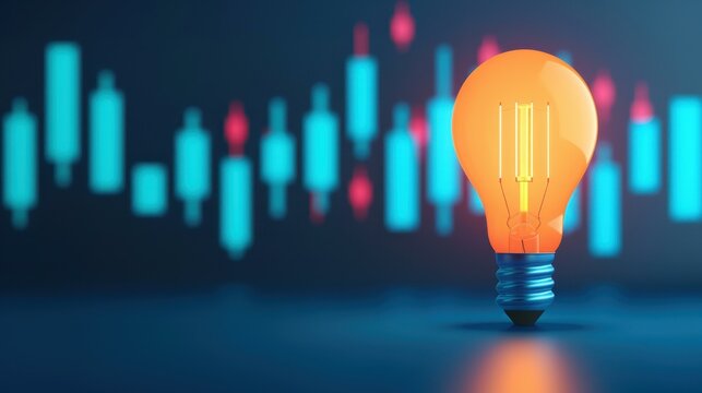 A bright lightbulb shines with forex charts in the background, blending innovation and finance on a sleek blue canvas.
