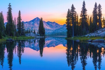A serene mountain lake at dawn, surrounded by towering pine trees, the water perfectly reflecting the vibrant colors of the sky