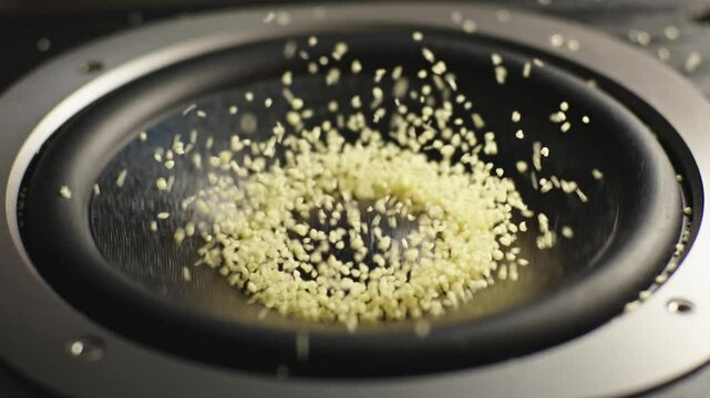 The subwoofer speaker vibrates while playing the deep bass of a music track. The white particles bounce from the vibration.