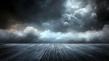 Dark wooden floor with a dramatic night sky background with clouds